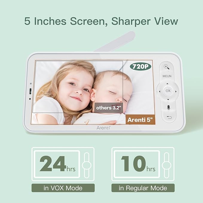2MP | كاميرا مراقبة الأطفال الداخلية رؤية ليلية مع شاشة متنقلة 5 بوصة,الكشف عن البكاء ودرجة الحرارة | Arenti AInanny BC12S-UK-GL |
