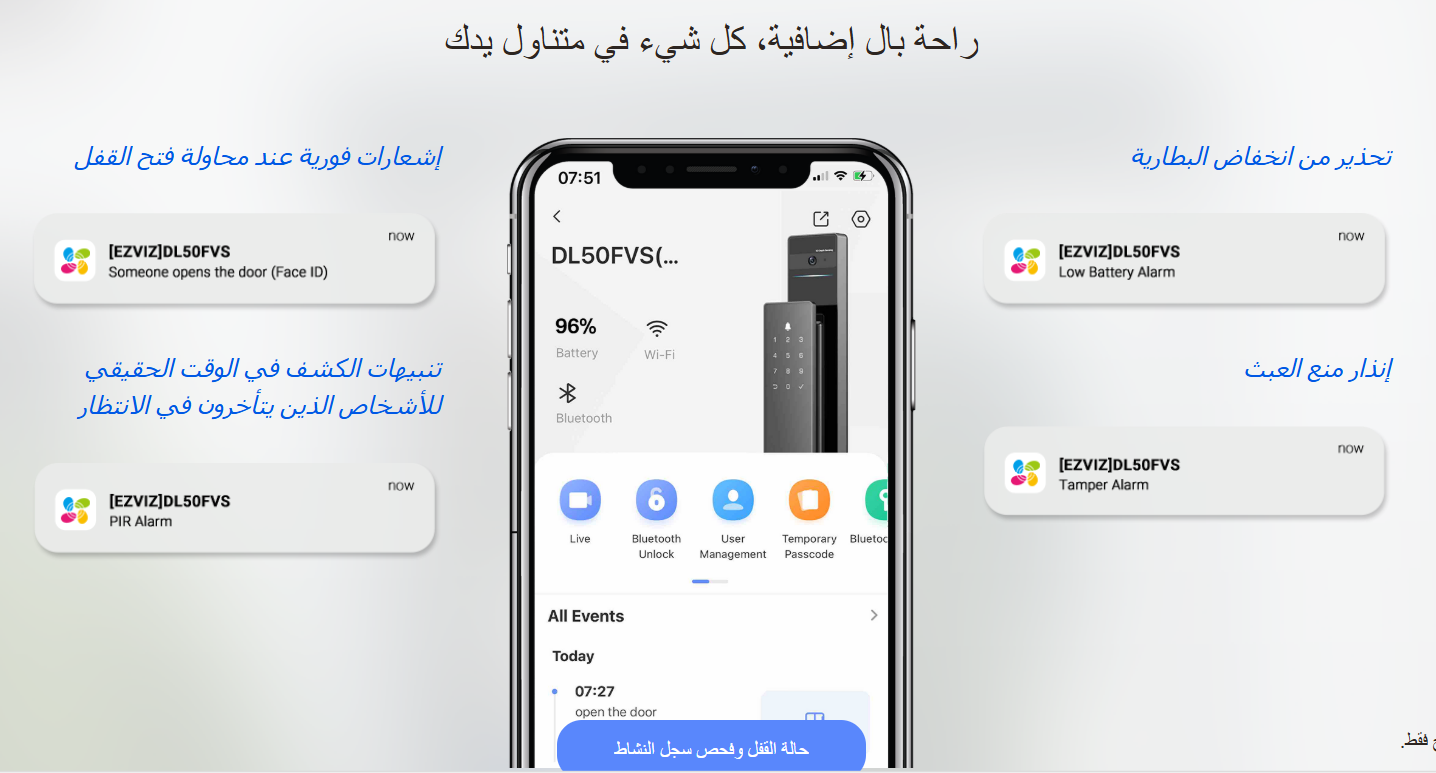 قفل الباب الذكي ببصمة الوجه, مكالمات فيديو ,التحكم من الجوال،تنبيهات فورية | Ezviz DL50FVS